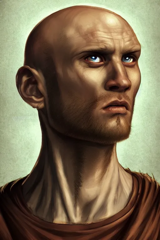 Prompt: unattractive, bald and unsympathetic Human_fighter!, He has 6 scares on his face, and a bloodthirsty look in his eyes. full_body!!, dungeons and dragons portrait, highly detailed, digital painting, artstation, concept art, sharp focus, illustration, art by Leonardo da Vinci and Michelangelo and Botticelli