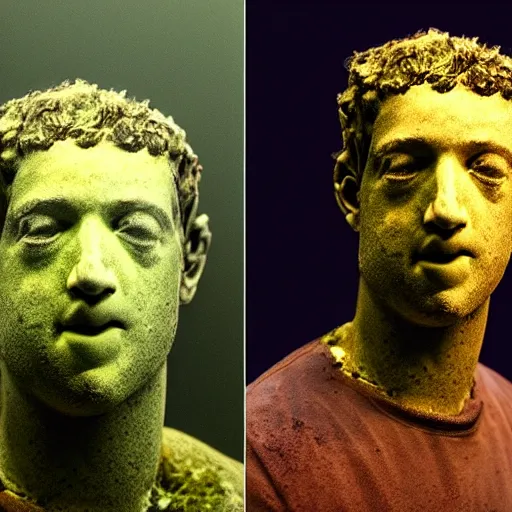 Image similar to Award-winning photograph by Mar Mann. The photo depicts a decaying roman bust of Mark Zuckerberg overgrown with moss at the bottom of the sea in the middle of ruins of civilization. Minimalism, high definition, perfect composition. Deep sea picture. Very dark. Volumetric Lighting. Fish. Darkness. Ruins