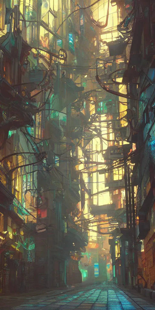 Image similar to cyberpunk alley, alphonse mucha, 8 k, raytracing, unreal engine 5,