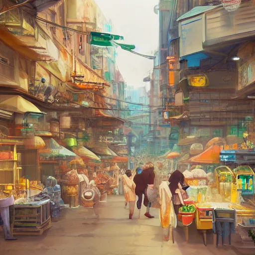 Prompt: Market with merchants spread across an alley, desert city, vertical architecture, full of life, vivid, lively, sunny, Studio Ghibli, 4K digital painting trending on Artstation