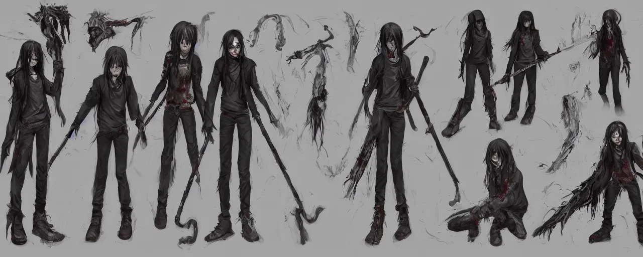 Image similar to A character sheet of a teenager with black long hair wearing a grey hoodie while wielding a staff made from a zombie arm, concept art, anime, Highly Detailed.