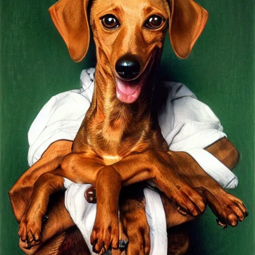 Image similar to very detailed portrait of a very happy dachshund, with a big smile, Norman Rockwell, Anne Geddes, 8k