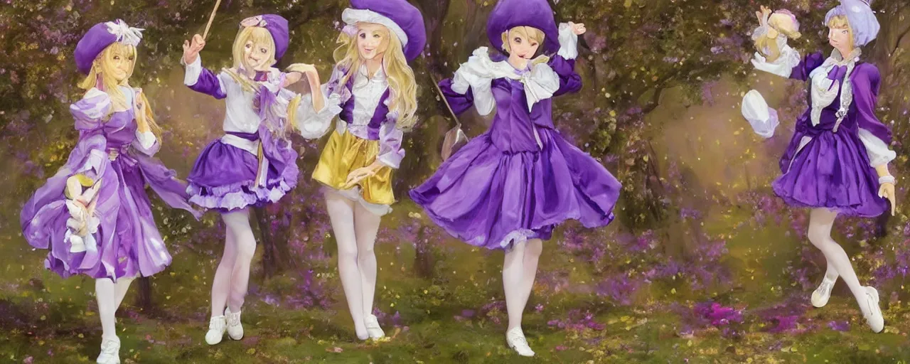 Image similar to A painting of many cute magical girls with short blond hair wearing an oversized purple Beret, A purple and white dress uniform, Short Puffy pants made of silk, a fluffly petticoat, pointy jester shoes, a big billowy scarf, Golden Ribbon, and white leggings Covered in stars. Short Hair. Sunlit. Haute Couture.Art by william-adolphe bouguereau and Paul Delaroche and Alexandre Cabanel and Lawrence Alma-Tadema. Smooth. Elegant. Highly Detailed. Intricate. 4K. UHD. Denoise.