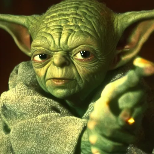 Prompt: A singular creature mix between Gollum and Yoda, center frame medium shot, shot on technicolor cinemascope 35mm anamorphic lense, flare, film grain, still from a 1980's movie