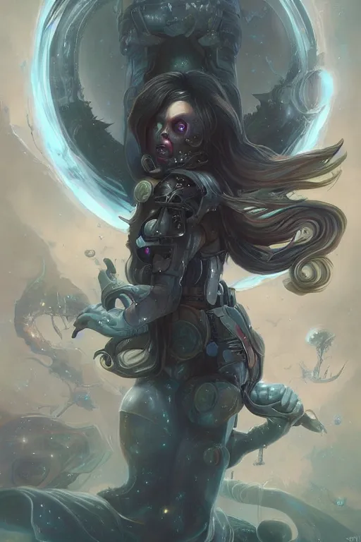 Prompt: Galactic Goddess of Blackholes, long hair, unsettling, creepy, horror, Professional Illustration by ArtGerm and Peter Mohrbacher, Mechanical Armor