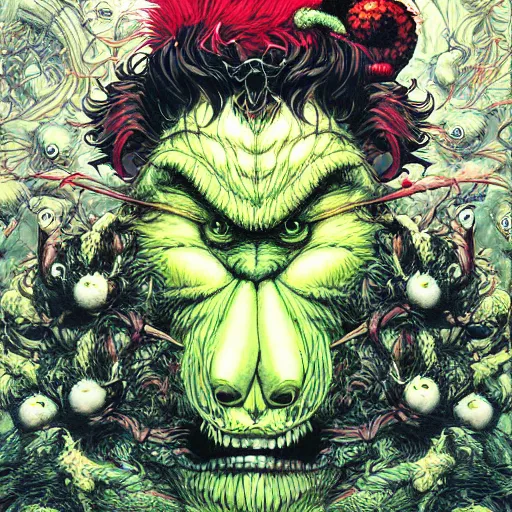 Image similar to portrait of crazy grinch, symmetrical, by yoichi hatakenaka, masamune shirow, josan gonzales and dan mumford, ayami kojima, takato yamamoto, barclay shaw, karol bak, yukito kishiro