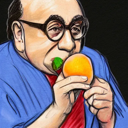 Image similar to courtroom sketch of danny devito eating a peach, high quality, high resolution