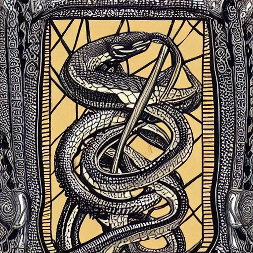 Image similar to a snake biting itself in the center of a tarot card, drawing style, intricate details in the frames, 4k, high quality render.