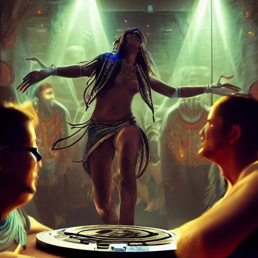 Image similar to a shaman dj in nightclub, people dancing in background, anatomy, bathed in light, highly detailed, photorealistic, artstation, smooth, sharp focus, illustration, unreal engine 5, 8 k, art by artgerm and greg rutkowski and edgar maxence