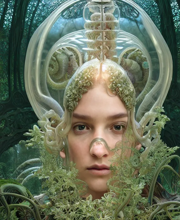 Prompt: intricate ornate opulent transparent clear see - through portrait of a horrific beautiful male human isopod nautilus tornado, adorable, childlike, overgrown jungle environment, ultra realistic, concept art, art nouveau, photorealistic, octane render, 8 k, unreal engine. art by christopher marley and artgerm and greg rutkowski and alphonse mucha