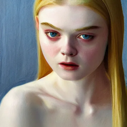 Image similar to Painting of Elle Fanning in Silent Hill, long blonde hair, delicate, pale milky white porcelain skin, by Edward Hopper. 8K. Extremely detailed.