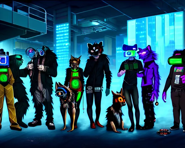 Image similar to high - resolution photograph from a cyberpunk era furry fandom convention ( midwest furfest 2 0 4 7 ), taking place after the genetic revolution and singularity. photorealistic.