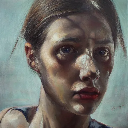 Prompt: her eyes wide by zdzisław, oil on canvas