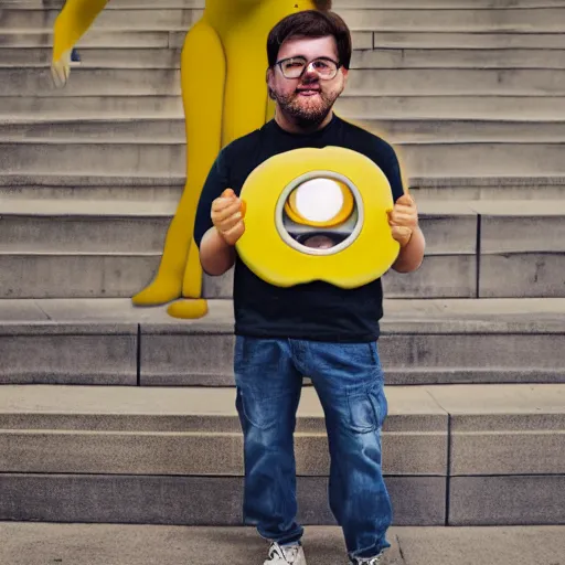 Image similar to portrait of realistic minion human hybrid, photoreal yellow human with minion face, realistic, hyper detailed, leica, 2 4 mm lens