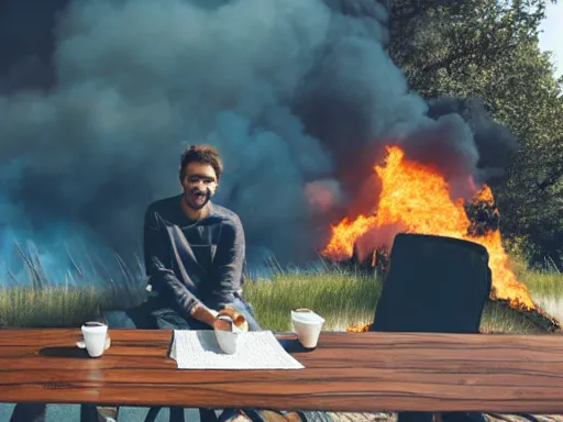 Prompt: a happy man sitting at a table and taking a sip of coffee while his house burns around him