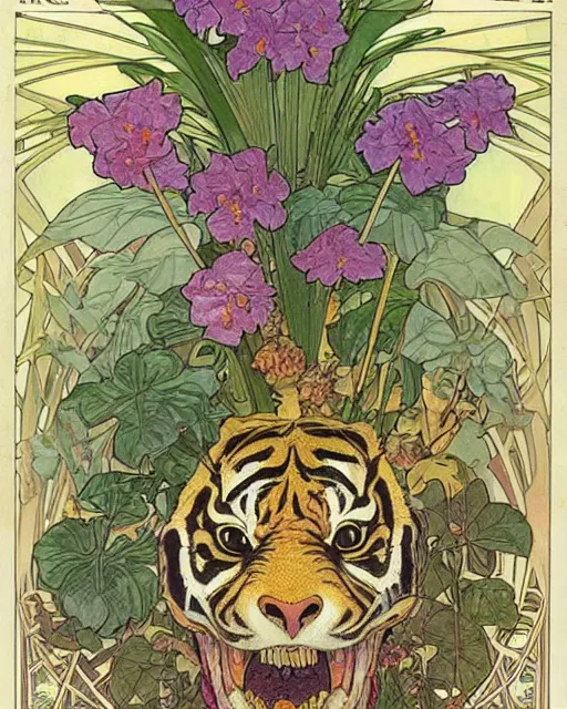 Image similar to Poster of a tiger skull with pineapple leaves growing out of the top art surrounded by varities of flowers, cell shading, by Alphonse Mucha, Moebius, hiroshi yoshida, Art Nouveau, colorful, ultradetailed, vivid colour, 3d