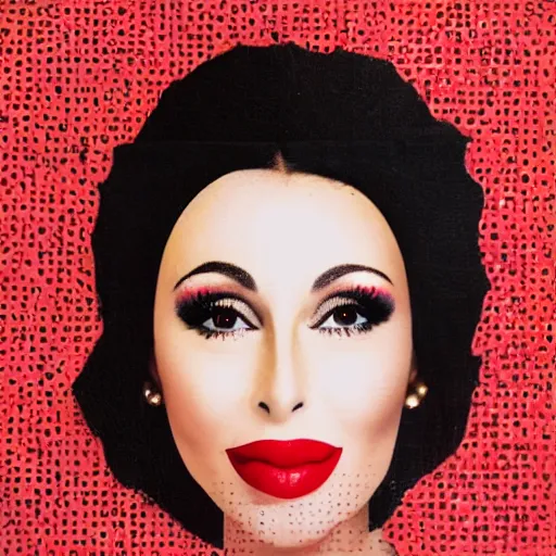 Prompt: the red fruit cherry, collage with the face of cher on it