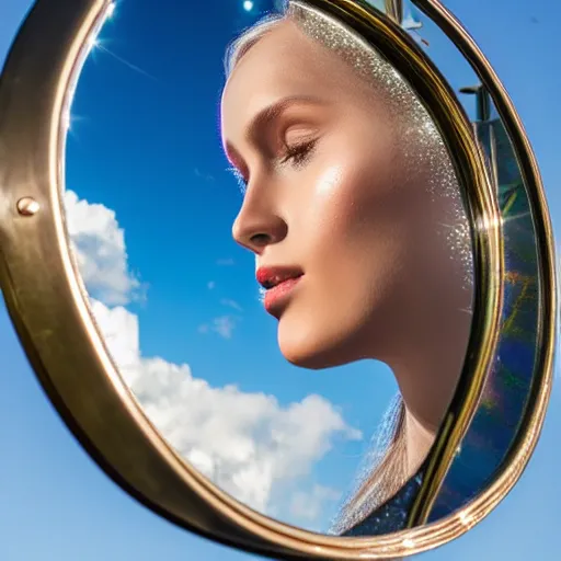 Image similar to beautiful iridescent metal mirror face, smooth, reflections, proud, looking away, outdoor, blue sky, 8 k, realistic, highly detailed, award winning photography