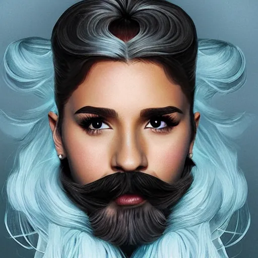 Image similar to Ariana Grande with a mustache, intricate, mustche, elegant, hairy mustache, highly detailed, Chevron stache, centered, digital painting, artstation, Walrus mustache, concept art, smooth, sharp focus, illustration, art by artgerm and H R Giger and alphonse mucha