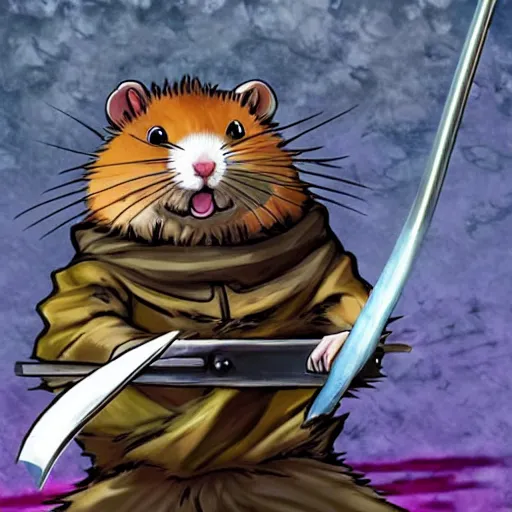 Prompt: a hamster holding a sword in the style of Berserk manga