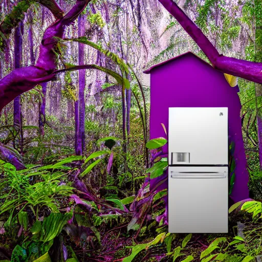 Image similar to purple refrigerator in a jungle, 4k photograph