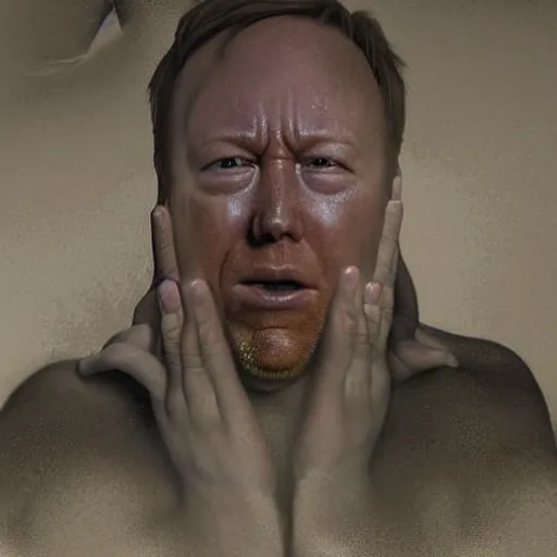 Image similar to hyperrealistic mixed media image of info wars alex jones crying on the toilet, stunning 3 d render inspired art by xiang duan and thomas eakes and greg rutkowski, perfect facial symmetry, hyper realistic texture, realistic, highly detailed attributes and atmosphere, dim volumetric cinematic lighting, 8 k octane detailed render, post - processing, masterpiece,