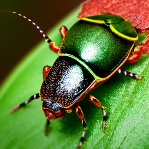 Image similar to green beetle with snail home, photorealistic, close - up