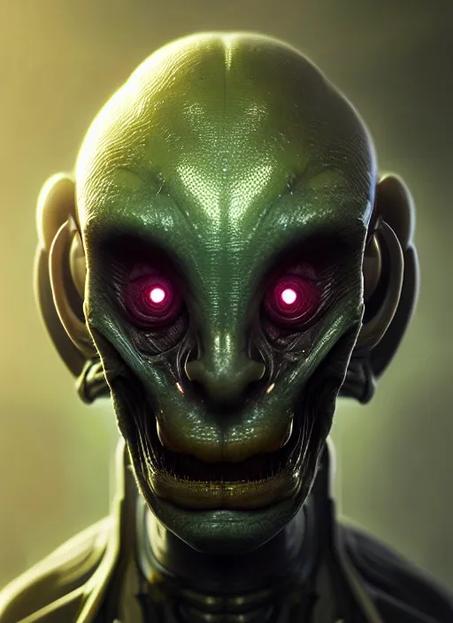 Image similar to portrait of a space alien, varying detailed skin, octane render, piercing glowing eyes, realistic render, detailed, ugly, slimy unreal engine, symmetrical!!, greg rutkowski and ruan jia, cinematic