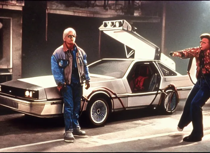 Image similar to screenshot from the iconic scene from the lost Back to the Future film directed by Martin Scorsese, cinematic lighting, unsettling set design with extreme detail, moody cinematography, with anamorphic lenses, crisp, detailed, 4k image, starring Marty Mcfly