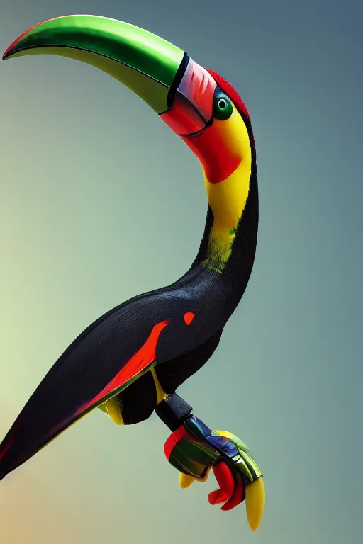 Image similar to a telephoto of a cyborg toucan, dynamic pose, chrome parts, glowing power source, intricate details, intricately detailed textures, warm lighting, vivid colors, realistic octane render, hyper realistic render, volumetric shading, depth of field, raytracing, 8 k,