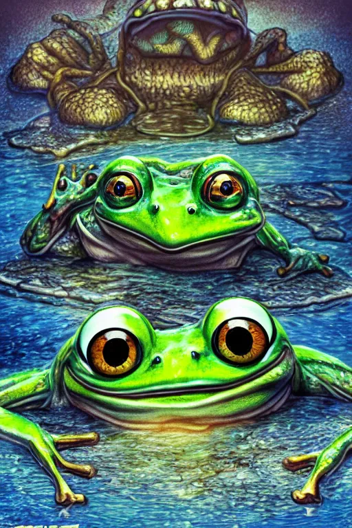 Prompt: eazy e as a frog, backround: pond, highly detailed, wide shot, intricate, cute, mystical, sharp focus, Trending on Artstation HQ, deviantart, unreal engine 5, 4K UHD image