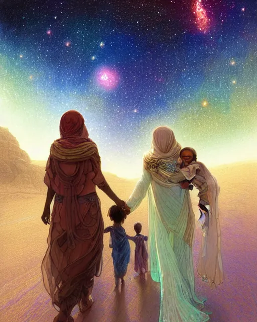 Prompt: bedouin man and woman and child in galaxy walking towards mosque surrounded by nebula, highly detailed, gold filigree, romantic storybook fantasy, soft cinematic lighting, award, disney concept art watercolor illustration by mandy jurgens and alphonse mucha and alena aenami, pastel color palette, featured on artstation