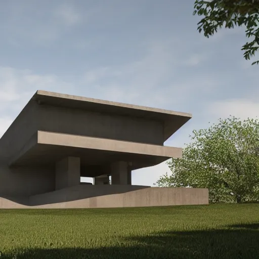 Image similar to a photorealistic house by frank loyd wright, brutalism, concrete, bauhaus, 4k