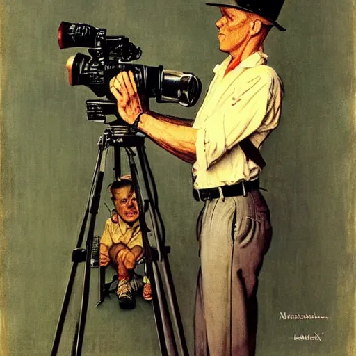 Image similar to norman rockwell painting of a man holding a large television - video - camera