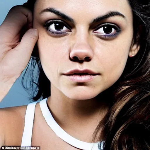 Image similar to a woman who is a genetic combination of mila kunis and emma watson face and upper - body focus