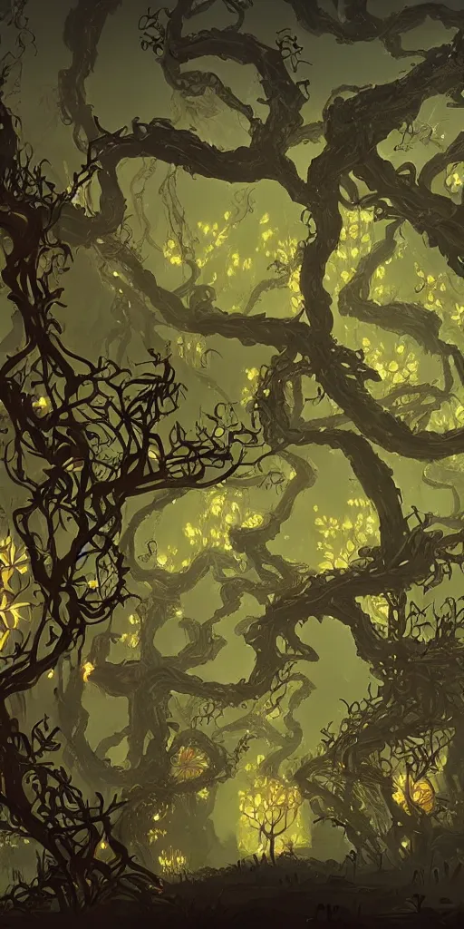 Prompt: a city made of twisted trees and thorny vines with glowing flowers, dark, moody, concept art