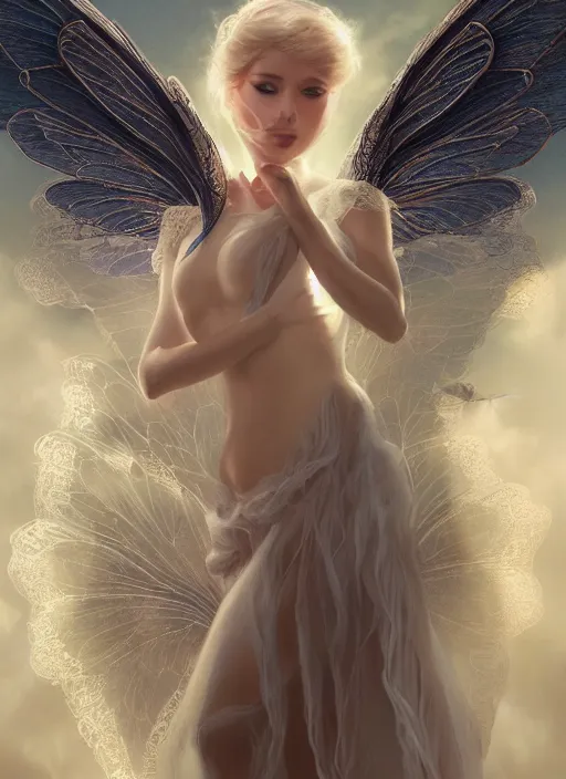 Image similar to full body portrait of a beautiful fairy women with wings of lace, by artgerm, sunny day, highly detailed, perfect lighting, perfect composition, symmetry, detailed features, 4 k, by alan lee, by derek zabrocki, by greg rutkowski