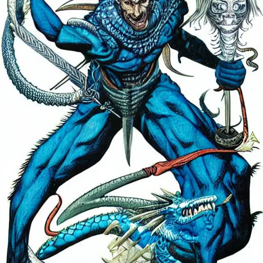 Prompt: head and shoulders portrait of a medieval d & d fantasy anthropomorphic blue dragon - headed - human hybrid with electrcity magic, comic book cover art photo by phil noto, frank miller, hr giger, alex ross, glenn fabry