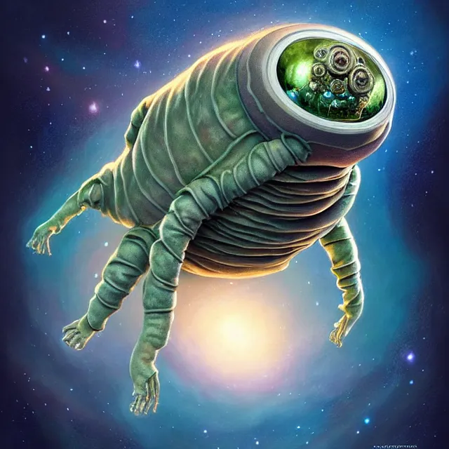 Prompt: a highly detailed tardigrade, it has a beautiful unconventional face, floating through deep space, elegant, hyperrealistic, digital painting, artstation, realism, concept art, pop, smooth, mythological, sharp focus, qualia, illustration, art by mark ryden 3 d 8 k ultra detailed