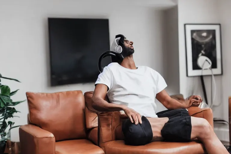 Prompt: a man wearing a white t - shirt and black sweat pants and wearing headphones is sitting in a brown leather chair in a living room