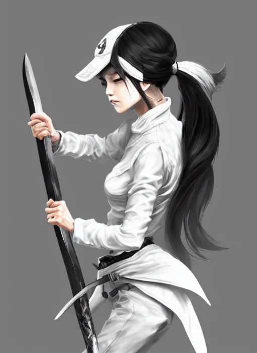 Prompt: a highly detailed illustration of fierce messy ponytail black haired one armed delinquent japanese woman wearing white cap wearing long white jacket, dramatic wielding katana pose, muscular, intricate, elegant, highly detailed, centered, digital painting, artstation, concept art, smooth, sharp focus, league of legends concept art, wlop.