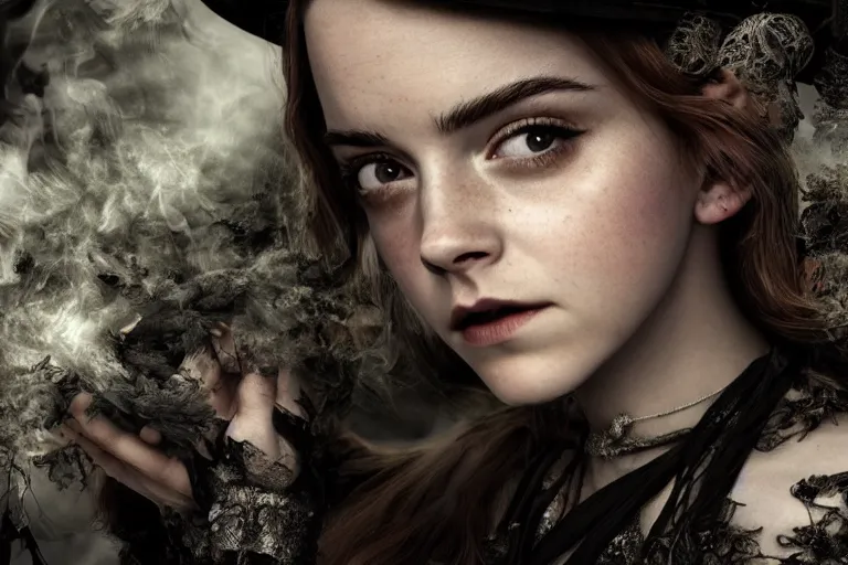 Prompt: a mix of of emma watson, anya taylor - joy and emma stone, evil sorceress witch, victorian manor, hyperrealism, octane render, extremely detailed, intricate smoke magic, lace, style of mark ryden, earl nore, hyung tae, frank frazetta