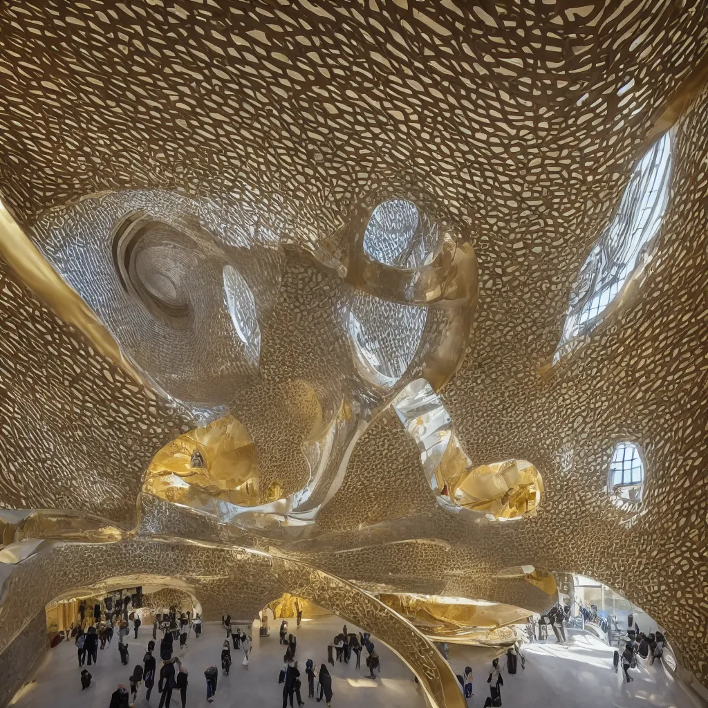 Image similar to “ the interior atrium hall of the museum of emotions designed by highly sculptural hyperbolic boolean surfaces, a sculptural staircase done in gold floats up to a skylight, highly detailed in 4 k ”