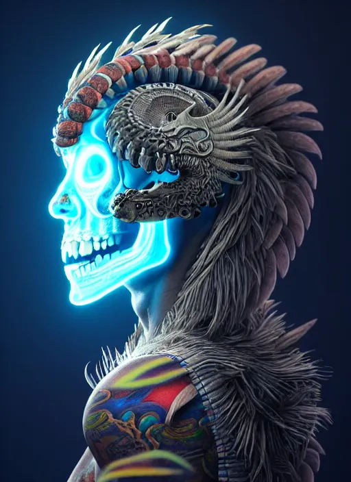 Image similar to 3 d shaman with tattoos profile portrait, sigma 5 0 0 mm f / 5. beautiful intricate highly detailed quetzalcoatl skull and feathers. bioluminescent, plasma, lava, ice, water, wind, creature, thunderstorm! artwork by tooth wu and wlop and beeple and greg rutkowski, 8 k trending on artstation,