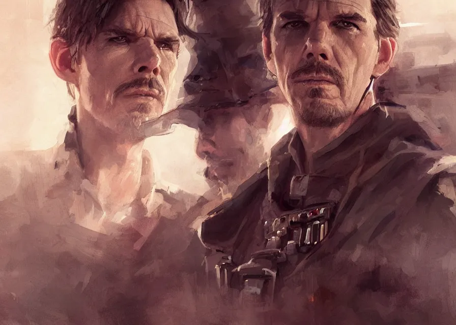 Prompt: painting portrait of Ethan Hawke dressed as general in Star Wars, sharp focus, waist up, trending on ArtStation, masterpiece, by Greg Rutkowski, by Ross Tran, by Fenghua Zhong, octane, clear eyes, soft render, clear facial features, oil on canvas, moody lighting, cinematic, professional environment concept art