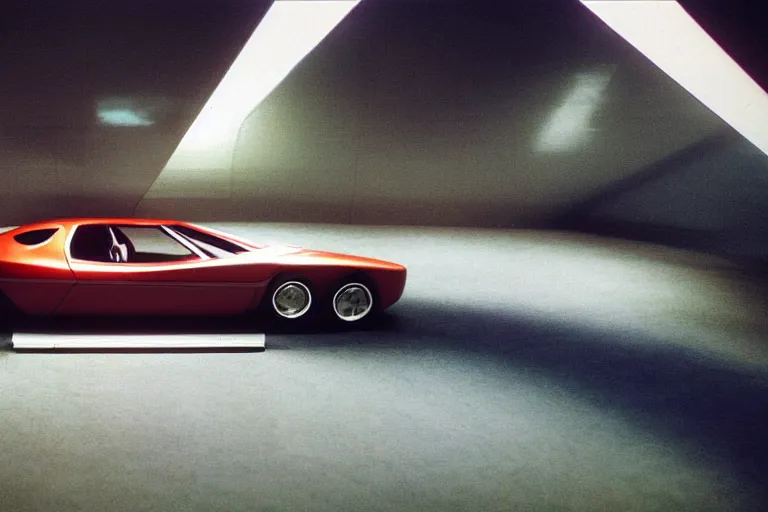 Image similar to designed by Giorgetto Giugiaro stylized poser of a single 1973 Alfa Romeo Montreal, thick neon lights, ektachrome photograph, volumetric lighting, f8 aperture, cinematic Eastman 5384 film