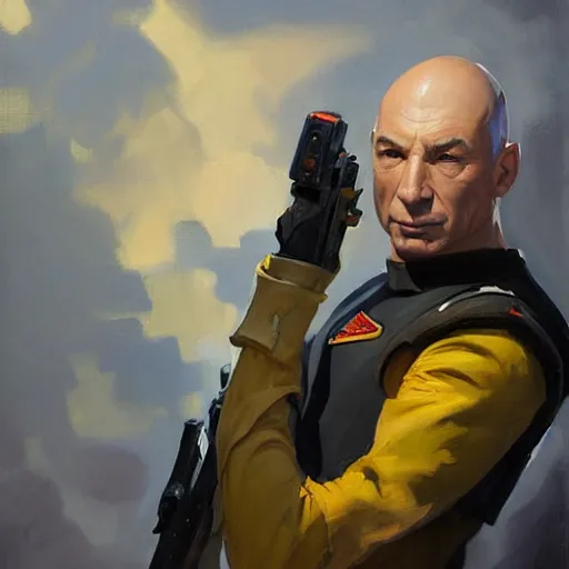 Image similar to greg manchess portrait painting of partially armored jean luc picard as overwatch character, medium shot, asymmetrical, profile picture, organic painting, sunny day, matte painting, bold shapes, hard edges, street art, trending on artstation, by huang guangjian, gil elvgren, ruan jia, greg rutkowski, gaston bussiere