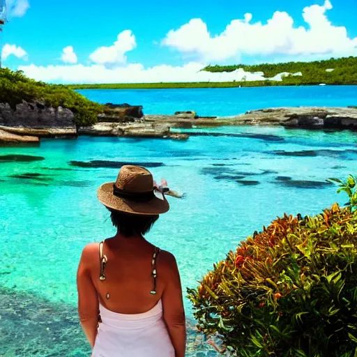 Prompt: a beautiful woman stands in the water at jobsons cove in bermuda, sunny day, highly detailed, calm water, intricate, award winning,