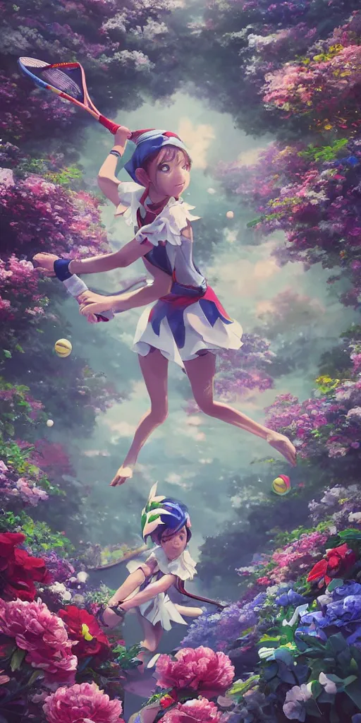 Image similar to An elf playing tennis on a tennis court made of flowers,Japanese anime style, gorgeous atmosphere, full of details, matte painting, concept art, smooth, by Shinkai Makoto and Ina Wong and wlop ，trending on cgsociety and artstation，8kHDR，light effect