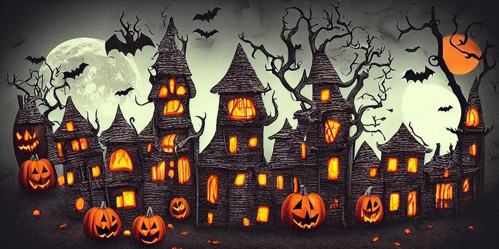 Image similar to “Halloween town created by Tim burton spooky dark orange tones fantasy”